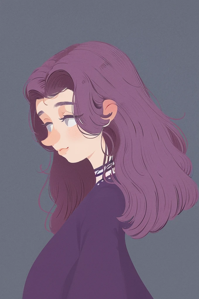 "An illustration of a woman leaning against a wall, de corpo inteiro, wearing a purple dress and looking up. The scene should be colorful and vibrant, with cartoon and caricature elements. The background should be simple."