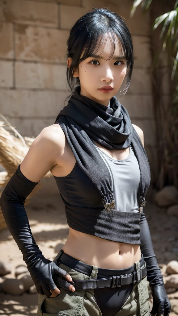bikini spandex TOP, gloves, serious face, black cargo pants, combat knife, desert scarf, scarf covering mouth, desert oasis, extremely detailed eyes, extremely detailed face, best quality, extremely detailed, ultra-detailed, (realistic, photo-realistic:1.3)