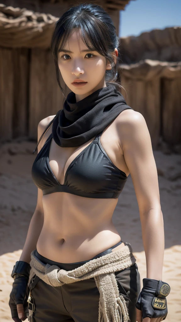 bikini spandex TOP, gloves, serious face, black cargo pants, combat knife, desert scarf, scarf covering mouth, desert oasis, extremely detailed eyes, extremely detailed face, best quality, extremely detailed, ultra-detailed, (realistic, photo-realistic:1.3)