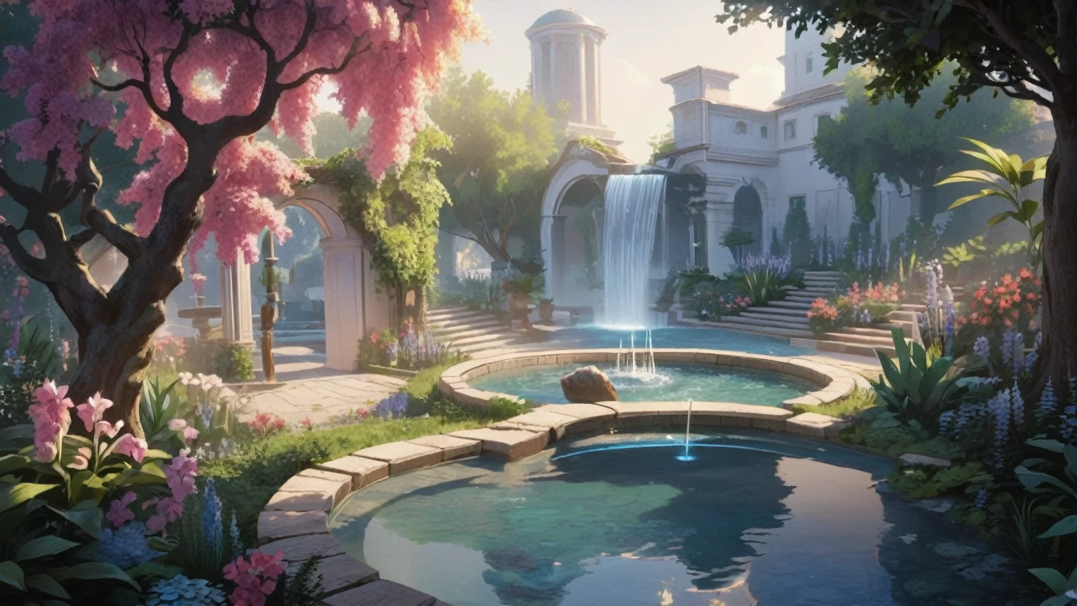 Mystoicla garden with magic with a fountain and a waterfall