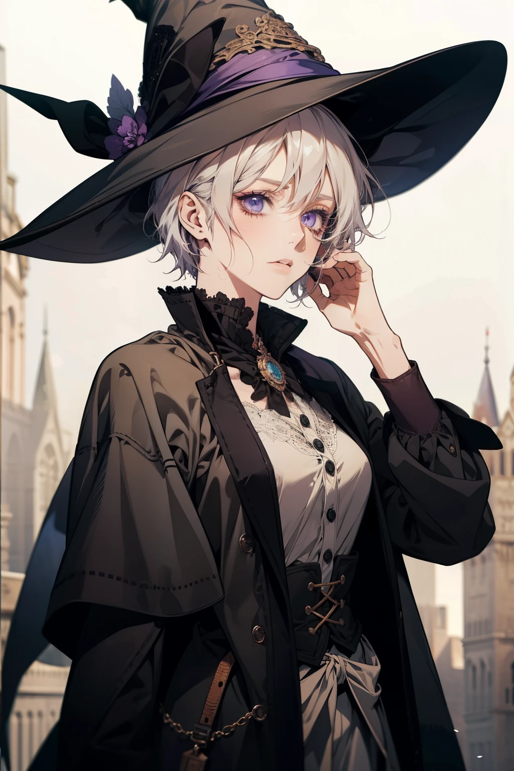 anime character, white short hair, violet eyes, wizard, witch, big wizard hat, adventurer outfit, wizard hat, witch hat, closed mouth, serious, anime, Gothic art, high details, high quality, 4K, HD, masterpiece, anatomically correct