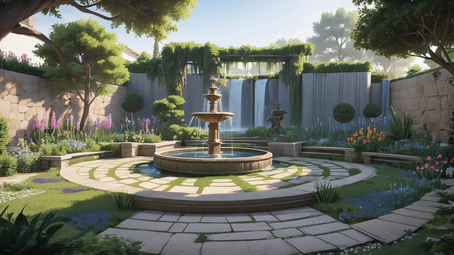 Mystoicla garden with magic with a fountain and a waterfall