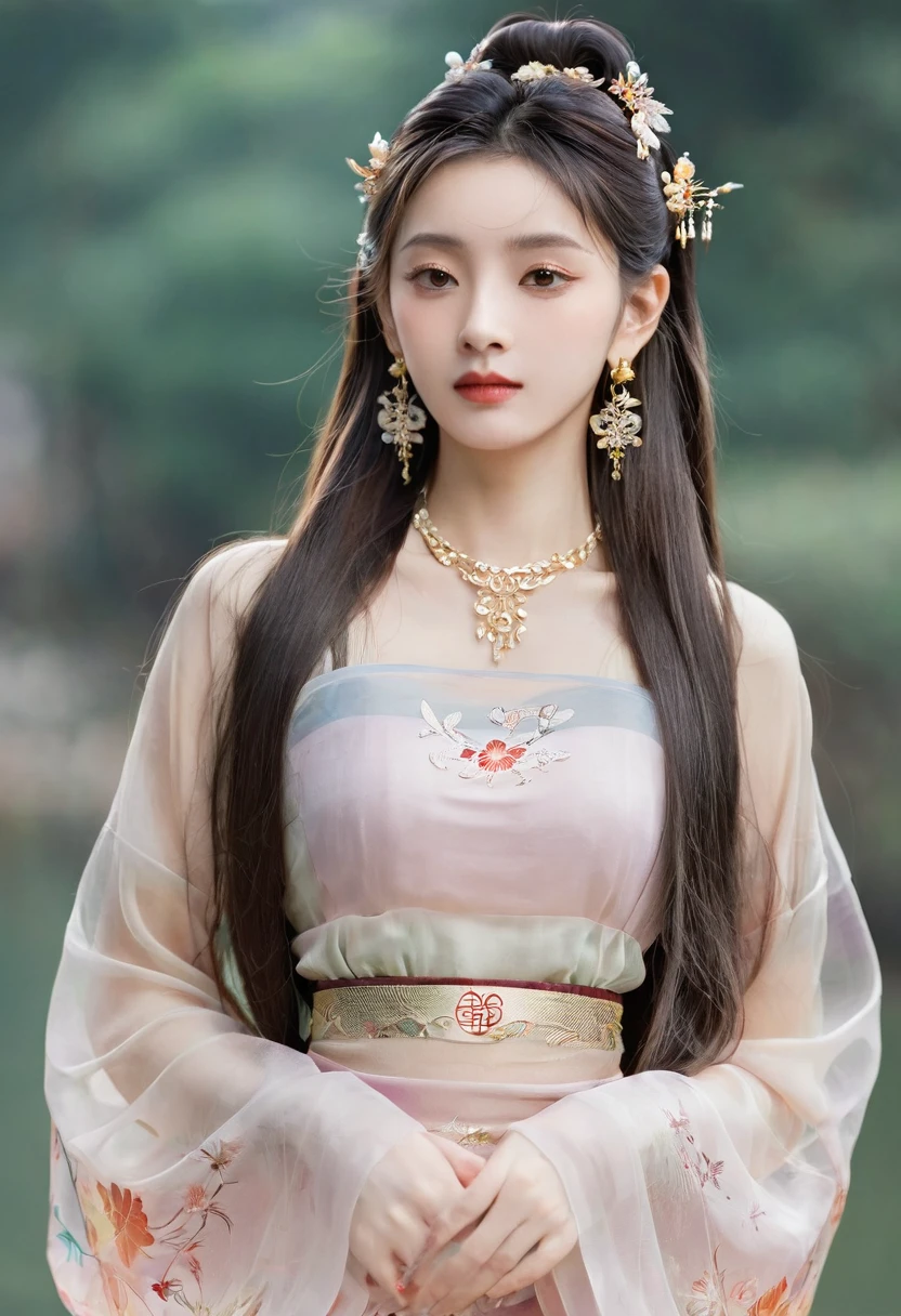 1 Girl, long_hair, portrait, Upper Body, china transparent silk skirt, skirt, hair ornament, necklace, Jewelry, long hair, earrings, Chinese clothes