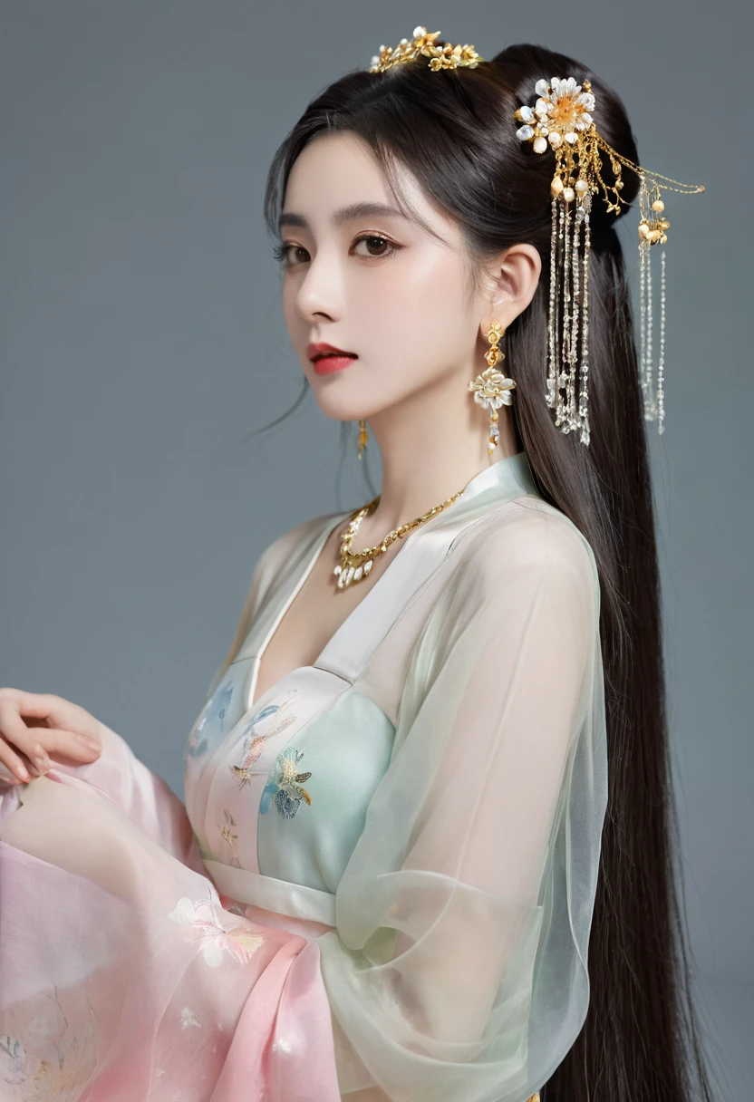 1 Girl, long_hair, portrait, Upper Body, china transparent silk skirt, skirt, hair ornament, necklace, Jewelry, long hair, earrings, Chinese clothes