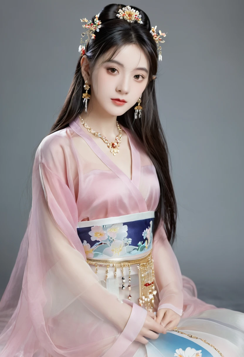 1 Girl, long_hair, portrait, Upper Body, china transparent silk skirt, skirt, hair ornament, necklace, Jewelry, long hair, earrings, Chinese clothes