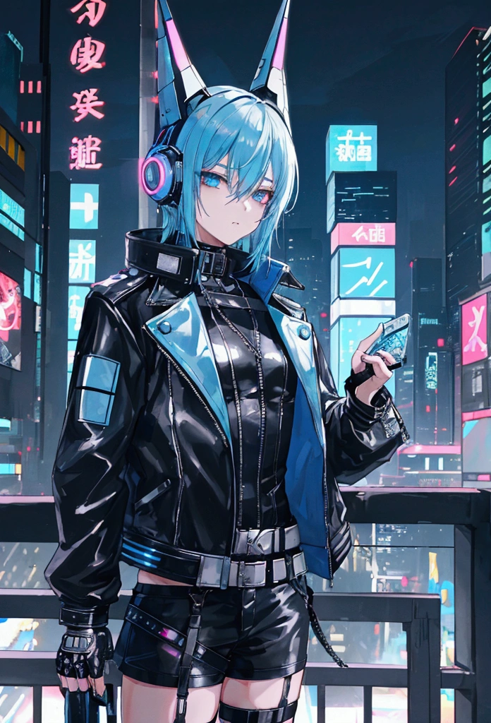 Young Man,From the waist up,cyber punk,night,Light blue hair,Decadent，leather jacket，High-tech headgear,cyber punkの賑やかな繁華街，A city full of neon lights
