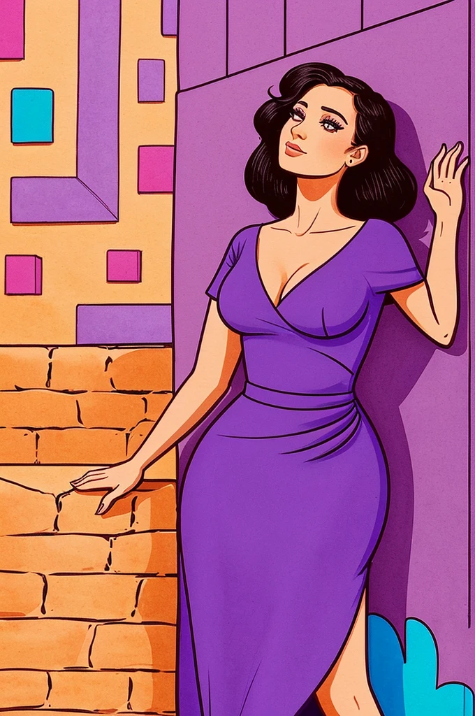 "An illustration of a woman leaning against a wall, de corpo inteiro, wearing a purple dress and looking up. The scene should be colorful and vibrant, with cartoon and caricature elements. The background should be simple."