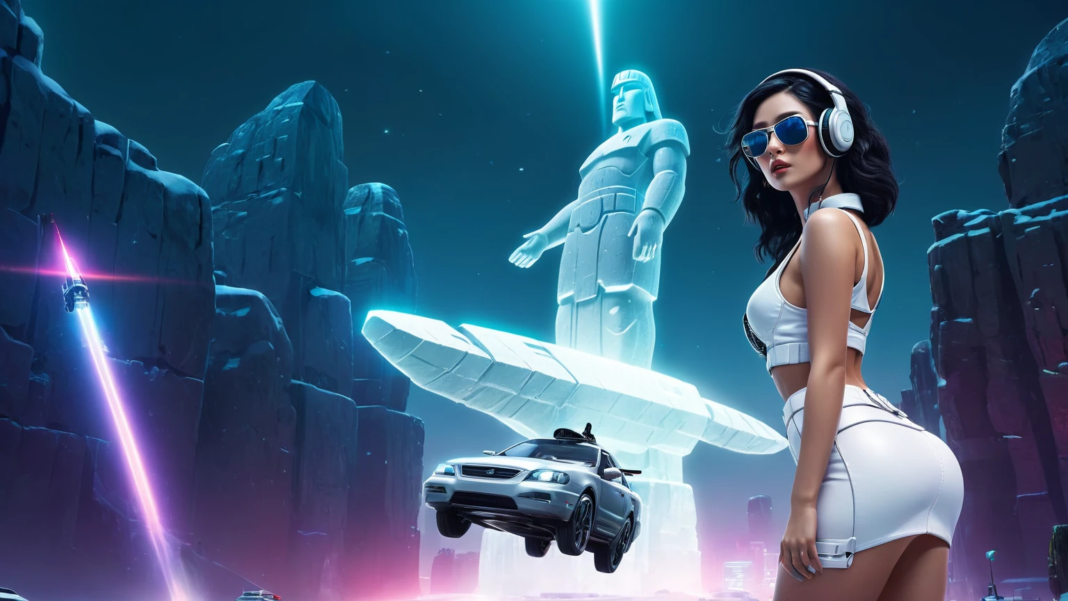 At night, dark sky, distant shot aerial view of fantasy cyberpunk style ice ((Moai-statue)) city, ((flying car)). ((1girl, solo, alone)), medium-breast:1.1 slim body, cleavage, sexy clothes, (headphone, black sunglasses, long black realistic hair), (((hip-up standing and holding pistol))), (((((half-body thigh level medium shot))))), cinematic lighting, lens flare, ray tracing.