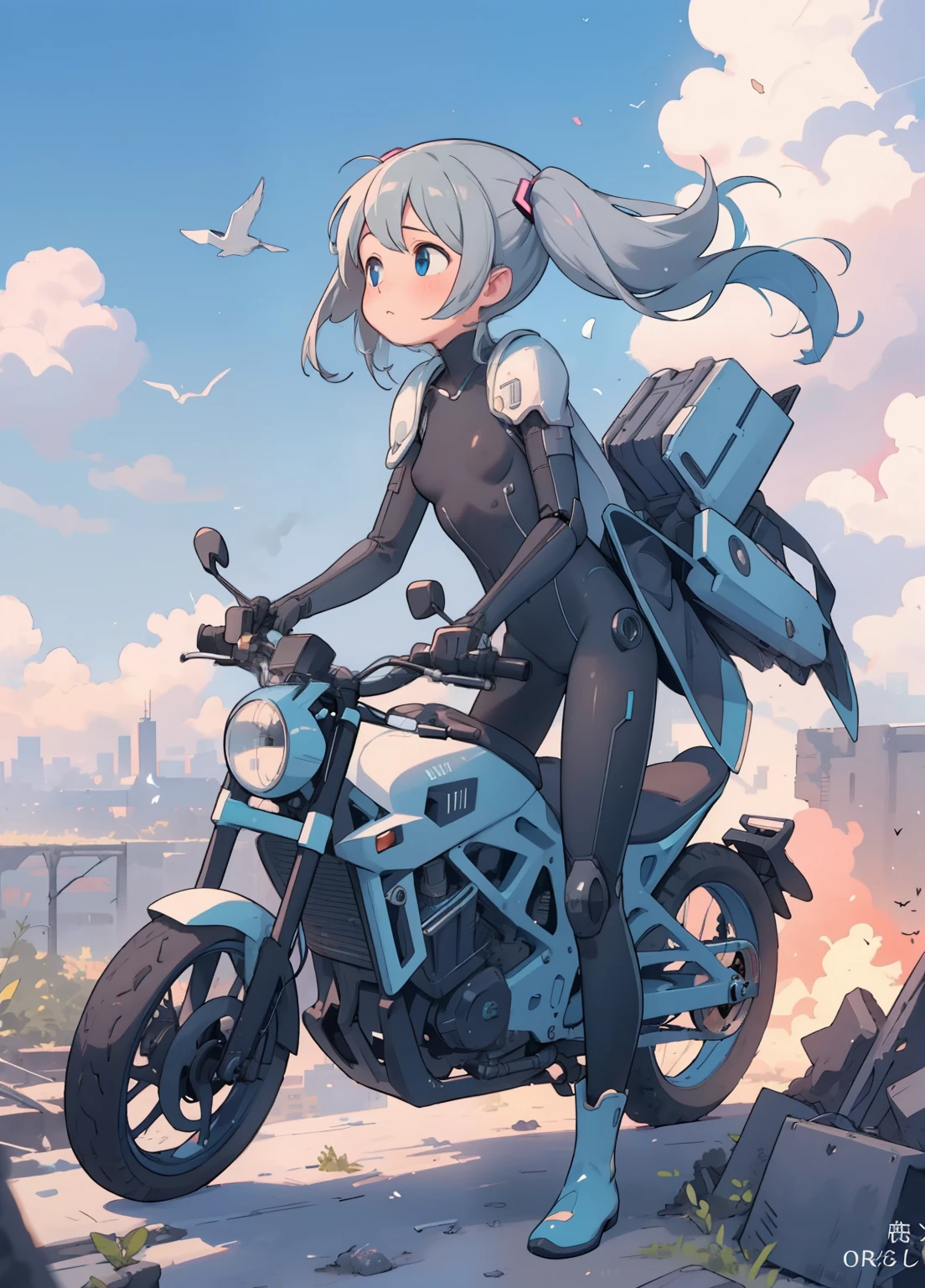 (masterpiece、Highest quality、Highest quality、Official Art、Beautiful and beautiful:1.2)、(One girl:1.3)Hatsune Miku、Twin tails,Beautiful breasts,Beautiful and delicate blue eyes,Expressionless,Hair blowing in the wind,evening,alone,Highest quality;Very detailed,mechanical arm armor,air force fleet,Bodysuits,Mechanical Body Armor,Burning car,Clothes,High resolution,ruins of city in war,Burning building,A slight blush,Gray Hair,riding motor,Watch birds,fire