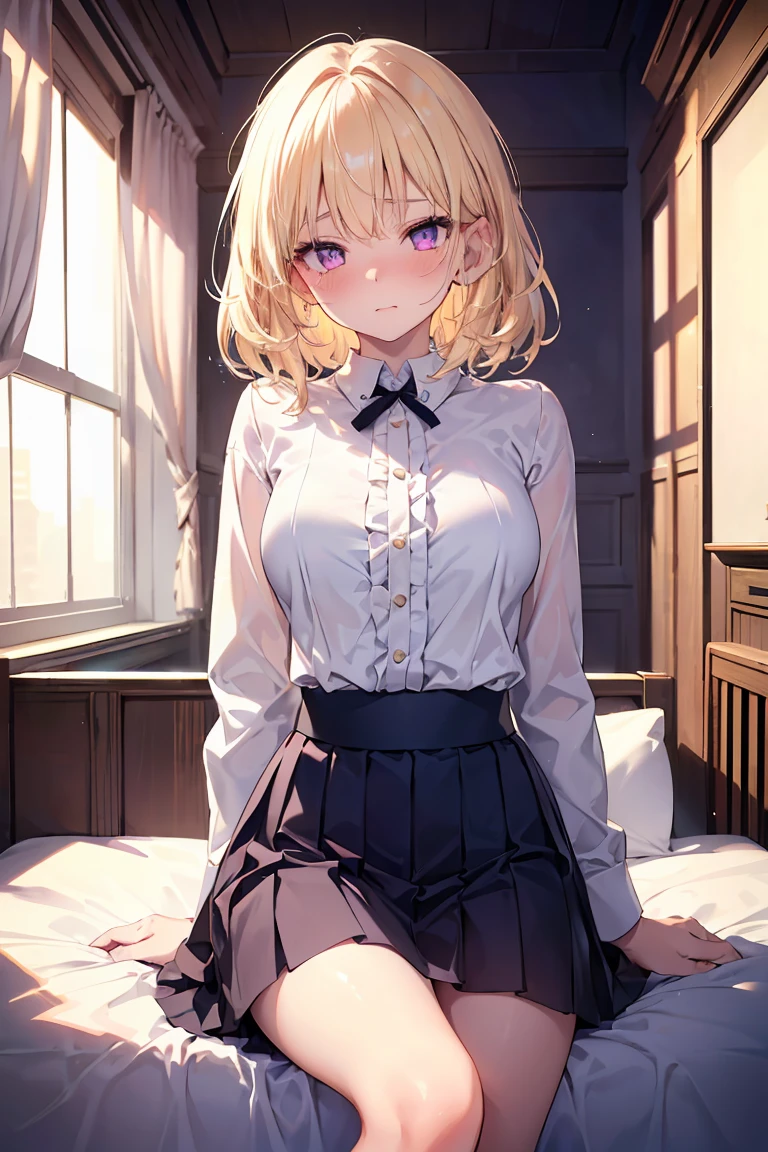 masterpiece, absurdres, best quality, ultra detailed, high Resolution, detailed illustration, bright colour, (extremely beautiful detailed face and eyes, Delicate beautiful face, 1 girl, 18yo, cute face:1.3), (magenta eyes:1.1), sparkling eyes, big eyes, (medium breasts:1.3), (perky breasts:1.1), (pointy breasts:1.1), medium hips, glamorous body, white skin, BREAK, (blonde hair:0.8), messy hair, detailed hair, shiny hair, BREAK (casual shirt, frill skirt:1.3), perfect lighting, (ecstasy, vulgarity:1.5), (embarrassed:1.3), bed, vagina, M-shaped legs,