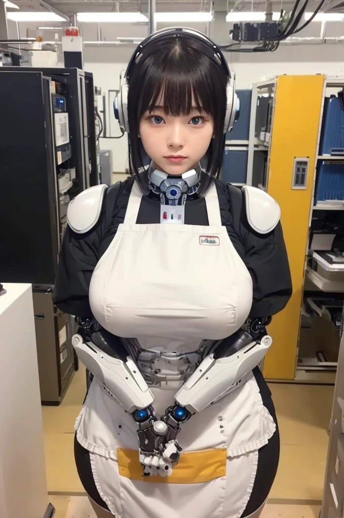 masterpiece, best quality, extremely detailed, Japaese android girl,Plump , hug,control panels,android,Droid,Mechanical Hand, Robot arms and legs, Black hair,Blunt bangs,perfect robot girl,long tube,thick cable connected her neck,apron,android,robot,humanoid,cyborg,japanese cyborg girl ,robot-assembly plant,She is assembled now,assembly scene,chest monitor,blue eyes