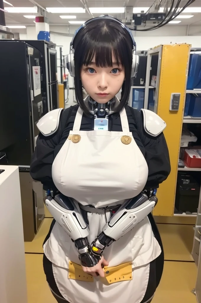 masterpiece, best quality, extremely detailed, Japaese android girl,Plump , hug,control panels,android,Droid,Mechanical Hand, Robot arms and legs, Black hair,Blunt bangs,perfect robot girl,long tube,thick cable connected her neck,apron,android,robot,humanoid,cyborg,japanese cyborg girl ,robot-assembly plant,She is assembled now,assembly scene,chest monitor,blue eyes