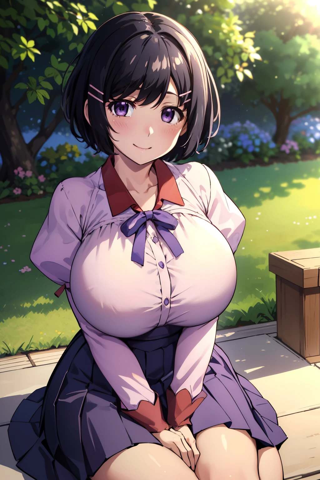 masterpiece, best quality, highres, detailed, 1girl, 独奏, looking at viewer, smile, , hanekawa01, short hair, large breasts,(huge breast:1.3),((ample breasts)),Thin limbs,Big breasts but skinny,skirt, black hair, pink shirt, hair ornament,, purple eyes, hairclip, long sleeves, puffy sleeves, juliet sleeves, naoetsu high , close up, sitting on the ground,  Garden, trees,(breast focus),blush,Estrus