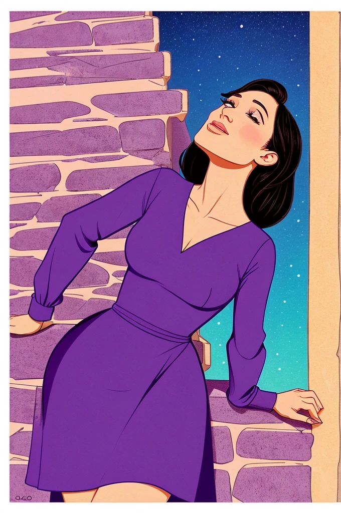 "An illustration of a woman leaning against a wall, de corpo inteiro, wearing a purple dress and looking up. The scene should be colorful and vibrant, with cartoon and caricature elements. The background should be simple."
