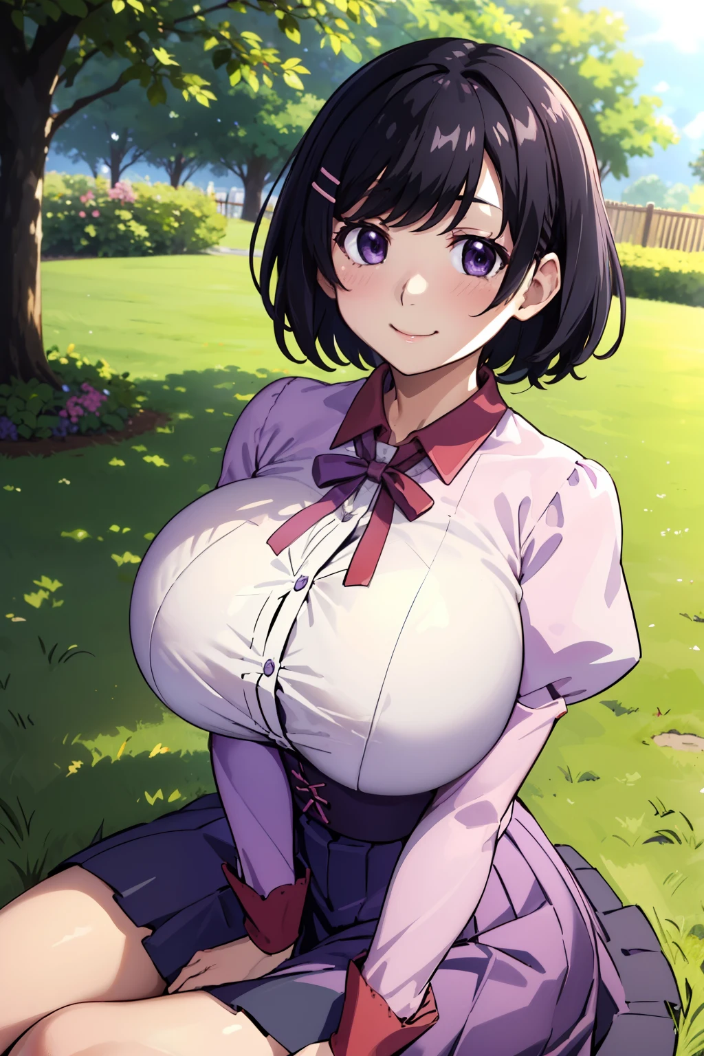 masterpiece, best quality, highres, detailed, 1girl, 独奏, looking at viewer, smile, , hanekawa01, short hair, large breasts,(huge breast:1.3),((ample breasts)),Thin limbs,Big breasts but skinny,skirt, black hair, pink shirt, hair ornament,, purple eyes, hairclip, long sleeves, puffy sleeves, juliet sleeves, naoetsu high , close up, sitting on the ground,  Garden, trees,(breast focus),blush,Estrus