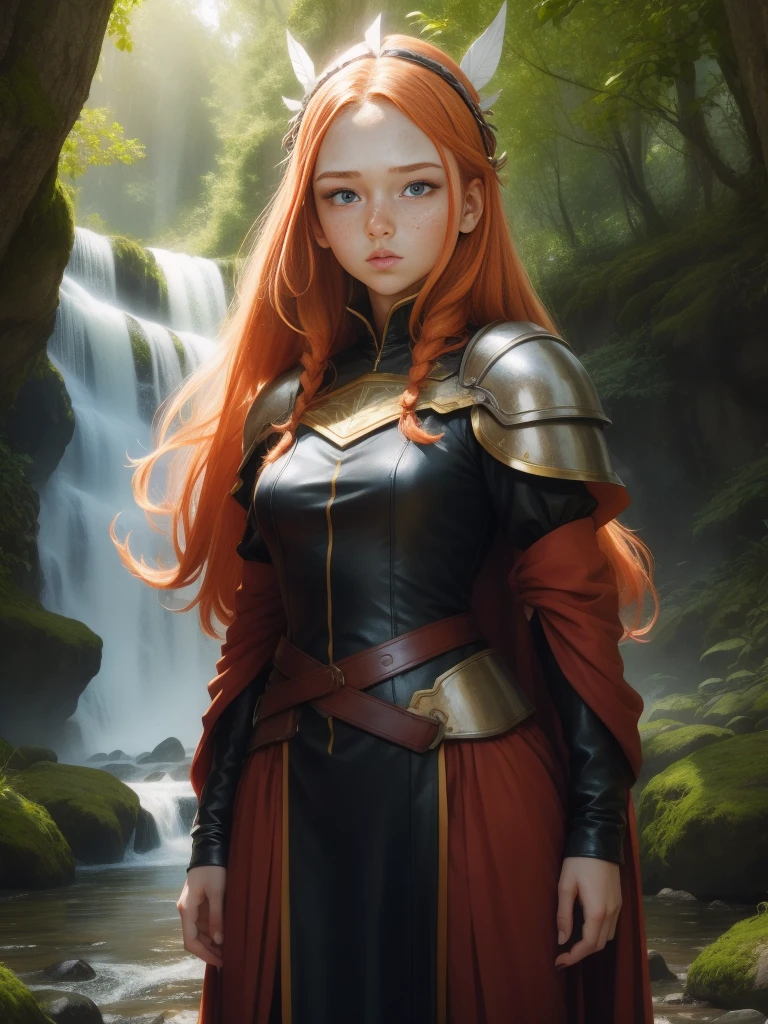 1girl, 18 years old princess, striking figure, long ginger hair, wavy hairs, fair skin, (((freckles))), ((kolito)), innocent and regal appearance, expressive eyes are filled with a mix of curiosity and determination, her slender frame, elegant grace, leather armor, feather headdress, in a forest, waterfall