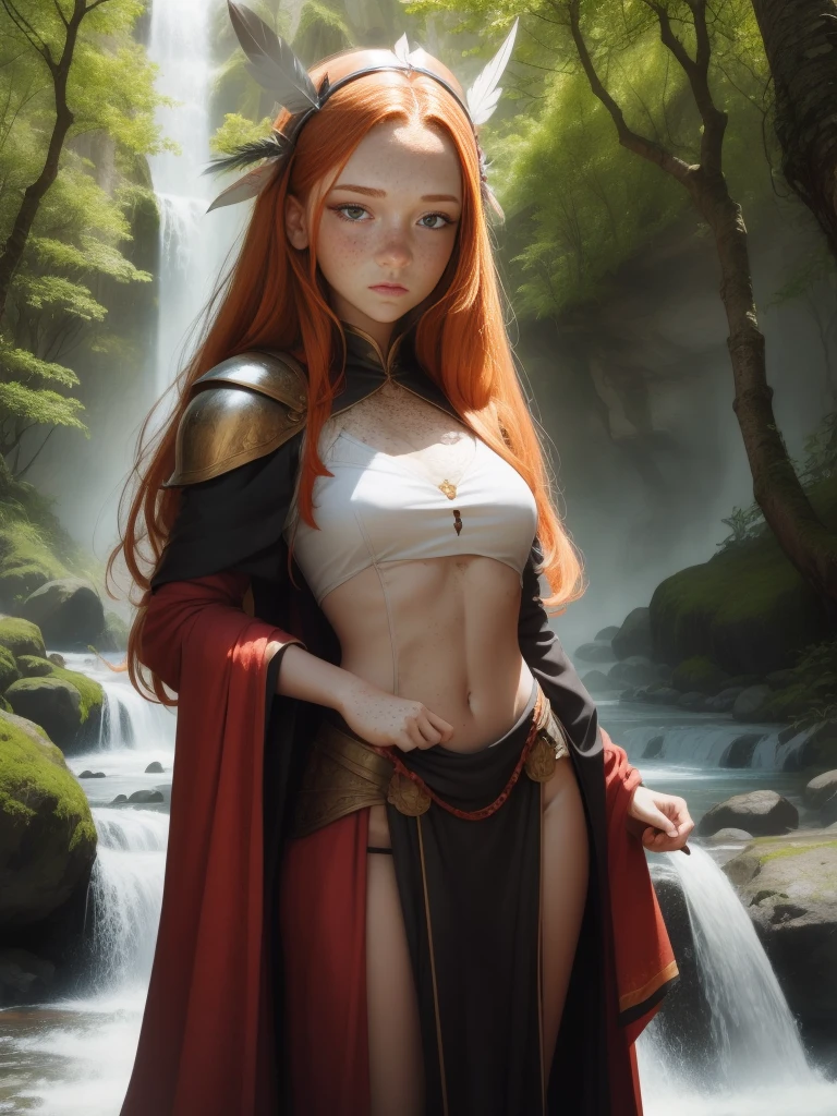 1girl, 18 years old princess, striking figure, long ginger hair, wavy hairs, fair skin, (((freckles))), ((kolito)), innocent and regal appearance, expressive eyes are filled with a mix of curiosity and determination, her slender frame, elegant grace, leather armor, feather headdress, in a forest, waterfall