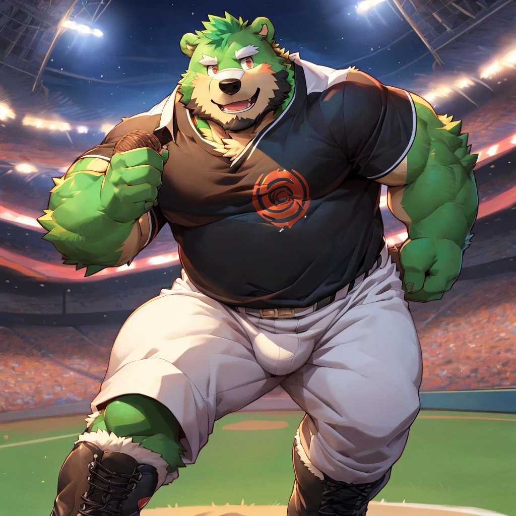 anthro, kemono, male, solo, ((round face, very plump face, thick beard)), (((dark beard))), ((endomorph body type, old-aged, mature)), ((green bear, bear) fluffy fur, fluffy), (high quality, highres, masterpiece), (dynamic lighting, vivid color), (generous smile), (face focus), front view (close up), cartoon, (((green bear))), (((green fur))), green hair, beard, white eyebrows, bald, red eyes, tall, (((black t-shirt inside, white long coat unhood, gray trousers, boots))) by zixiong, by takemoto arashi, by zixiong, (by null-ghost:0.8), (by t.y.stars:0.4),male, muscular, Baseball cap, only, Baseball uniform, stadium background, nice, Torn, Big Muscle, High-definition quality,Sexy,Crotch bulge,