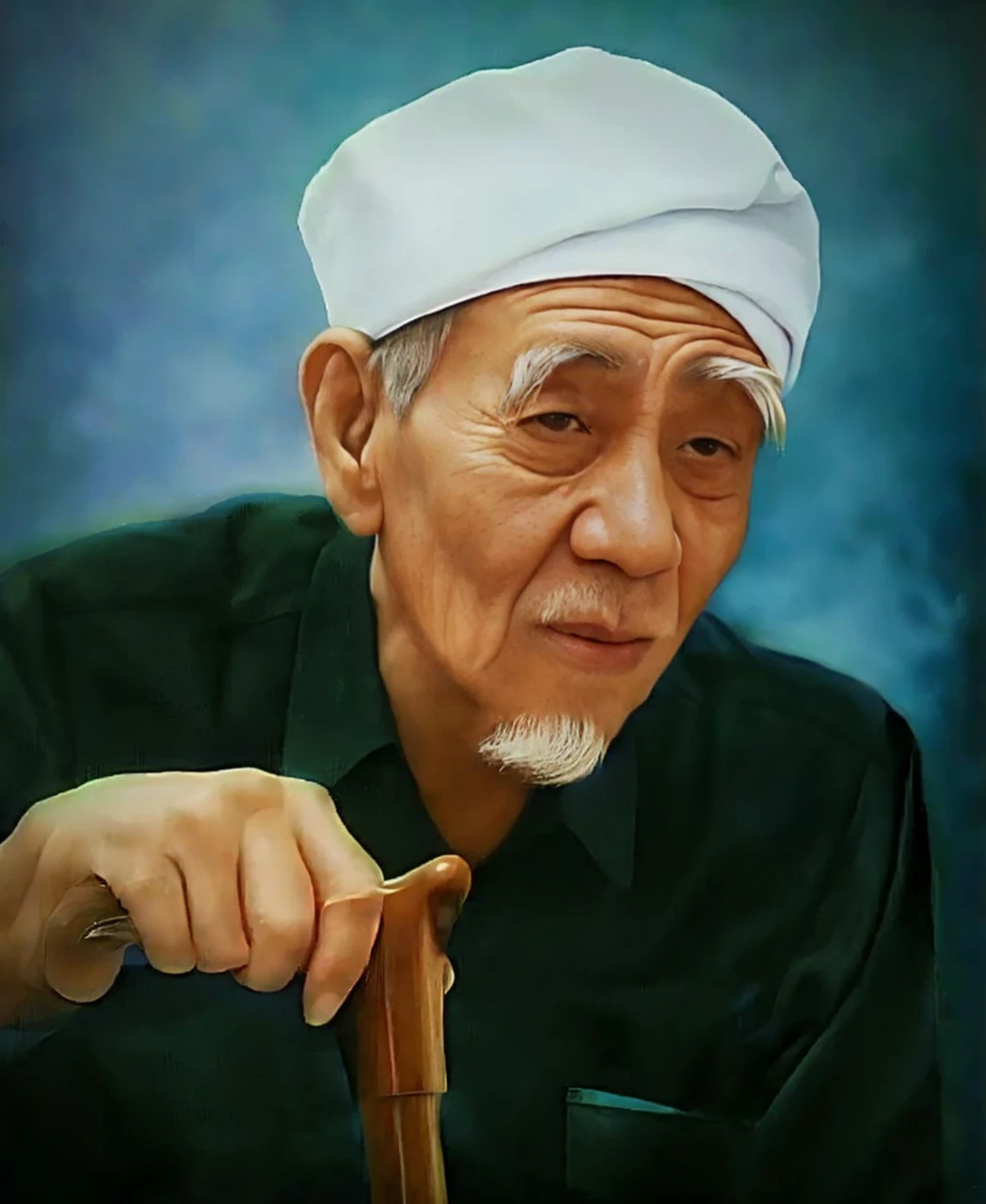 Indonesian Muslim man, aged 50 years or over, brown skin with wrinkles, wearing a white turban, big green shirt, holding a wooden stick, thick white gray eyebrows, natural white mustache and beard, sharp nose, naturally bright supit eyes. HD quality realistic images.