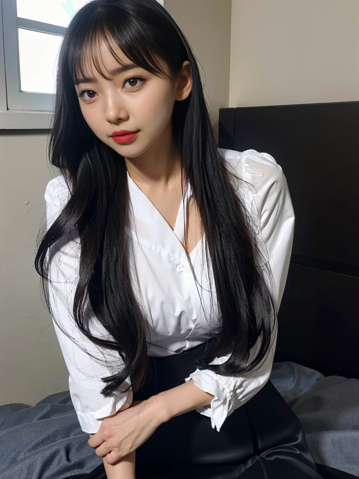 (1girl), (top-quality, 8K, masterpiece:1.3), beautiful Girl, pure, A sweet smile, pure lust, slender figure, (The upper part of the body), (frontage), (tilted head), Look directly at the camera, Uniforms, white shirt, blue skirt, obi, Formal, Black silky long straight hair, long hair flowing over the shoulders, the gesture of combing one's hair, round black big eyes, clear big eyes, Wet red lips, Dolce, sitting on the edge of a bed, Window sill background,