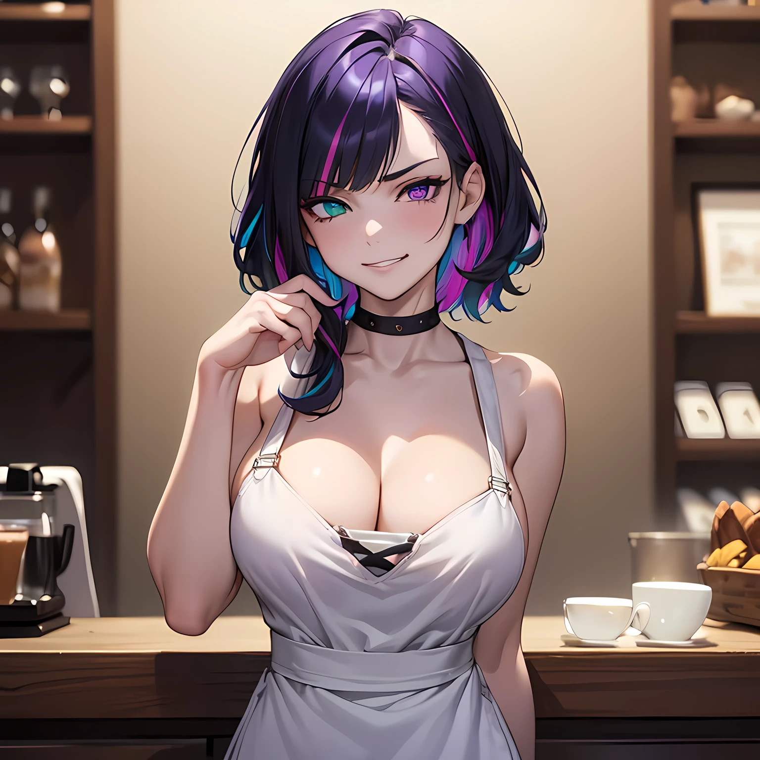 (Super detailed:1.3), ((((best quality)))), ((masterpiece)), female focus, (solo), powerful glow, detailed face, detailed eyes, detailed lips,dark coffee shop background,((black and purple and blue multicolored hair)),short hair,shaggy hair, messy hair, ((blue and purple eyes, heterochromia), (pale skin:1.2),((disgusted face)),((smirk)),almond-shaped eyes,cute face,close-up shot, depth of field,young girl,(teenager),barista, (nude apron), (green apron),cleavage