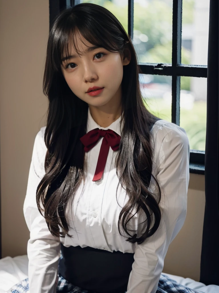 (1girl), (top-quality, 8K, ​masterpiece:1.3), beautiful Girl, pure, A sweet smile, pure lust, slender figure, (The upper part of the body), (frontage), (tilted head), Look directly at the camera, Uniforms, white shirt, blue skirt, obi, Formal, Black silky long straight hair, long hair flowing over the shoulders, the gesture of combing one's hair, round black big eyes, clear big eyes, Wet red lips, Dolce, sitting on the edge of a bed,  Window sill background,
