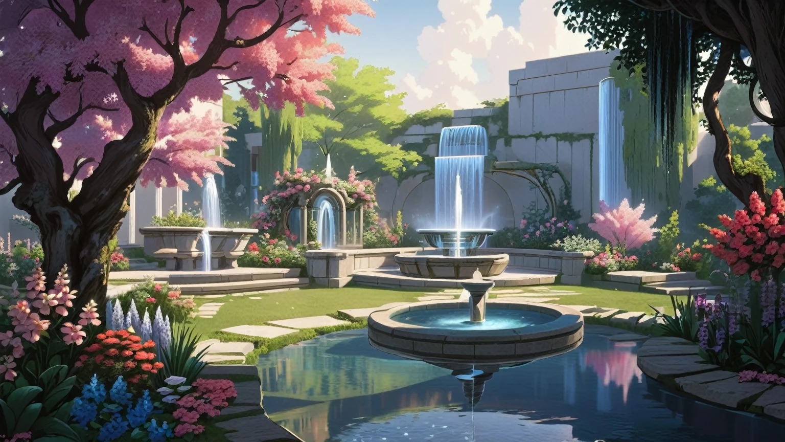 Mystoicla garden with magic with a fountain and a waterfall, No human: 2