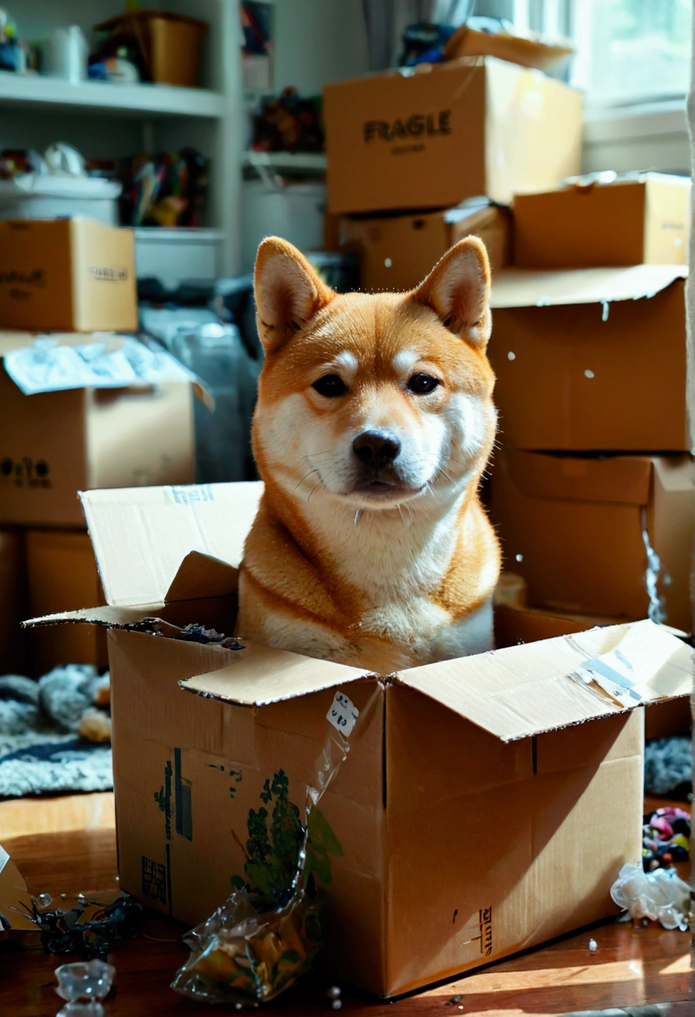 The Shiba Inu, now inside a cluttered living room, surrounded by packed and half-packed boxes. It is sweating, with a few drops on its forehead, and stuffing items into a box labeled “Fragile.