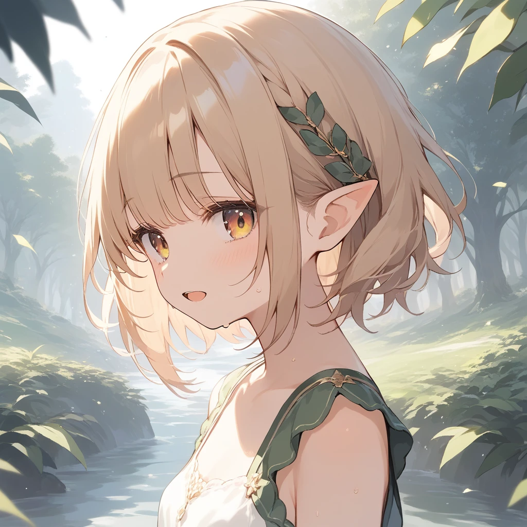 score_9, score_8_up, score_7_up, source_anime, best quality, masterpiece, official art, absurdres, highres, ultra-detailed,waifu2x,Collection: Slice of Life,break,1girl, elf, short hair, slender, androgynous, small breasts, beautiful detailed eyes, green shorts, sweat, open mouth, sleepily, outdoors, forest,break,(clear line illustration:1.2), super detailed skin,very high resolution, very aesthetic, Best sexual lighting powered by famous artist, 8k,cute picture,beauty illustration,photoshop_(medium),,(Detailed Lighting),best anime 8k konachan wallpaper, pixiv contest winner,