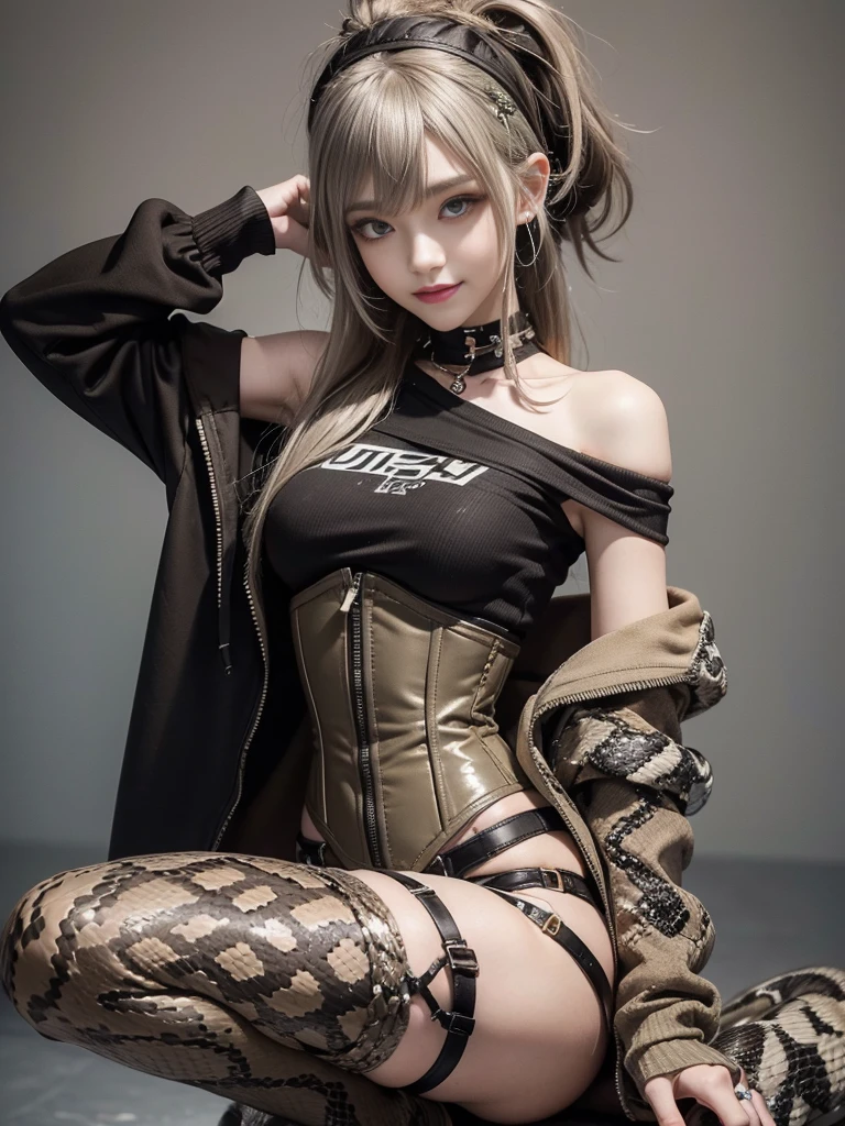 (Smiling with teeth showing:1.3),(Shibuya Gal:1.5)、(Beautiful:1.5)、(Neo-goth fashion:1.5)、(Punk RockVisual Kei:1.5)、(An off-the-shoulder hoodie in khaki and brown with delicate silver accessories.:1.5)、(A corset with a delicate beige and brown design:1.4)、(Dark grey, khaki and brown snakeskin bodysuit:1.5)、(Snake print headband:1.3)、(Beige and charcoal knee socks:1.4)、Embellished collar and long boots、(I&#39;m selling snake print underwear.:1.4)、(Long eyelashes:1.3)、(20-year-old)、((Highest quality、8k、masterpiece:1.3))、1 Female、Slim and beautiful abs:1.3、(hairstyle casual、Beautiful boobs:1.1)、(Doing an aerobics pose:1.3)、dress:1.1、Super small face、Narrow eyes、double eyelid、A sloppy smile、Esbian all over、Dynamic Angle、Close-up、CPL Filter、Blurred Background、Bokeh、Blue Hour、Detailed face and skin texture、Detailed eyes、,(Twin tails:1.3)、(Black brown hair:1.3)、Gravure idol、(The background is a glamorous dance hall:1.3)、(Make your legs thinner:1.4)、(Slim body:1.3)、(clavicle:1.1)