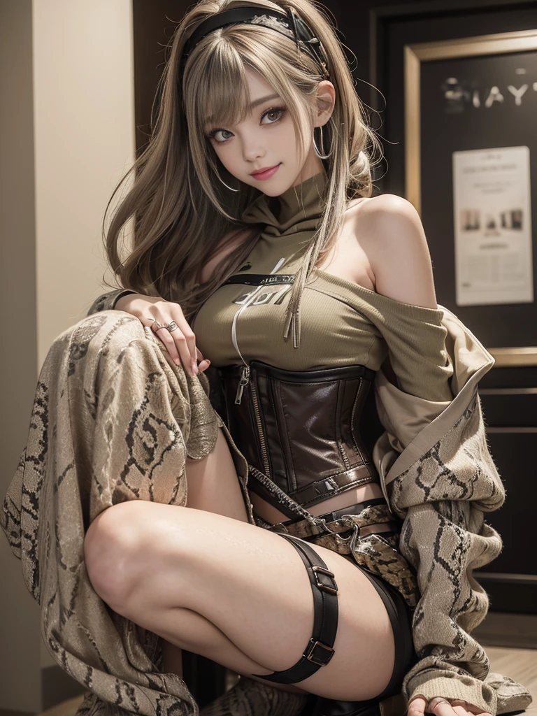 (Smiling with teeth showing:1.3),(Shibuya Gal:1.5)、(Beautiful:1.5)、(Neo-goth fashion:1.5)、(Punk RockVisual Kei:1.5)、(An off-the-shoulder hoodie in khaki and brown with delicate silver accessories.:1.5)、(A corset with a delicate beige and brown design:1.4)、(Dark grey, khaki and brown snakeskin bodysuit:1.5)、(Snake print headband:1.3)、(Beige and charcoal knee socks:1.4)、Embellished collar and long boots、(I'm selling snake print underwear.:1.4)、(Long eyelashes:1.3)、(20-year-old)、((Highest quality、8k、masterpiece:1.3))、1 Female、Slim and beautiful abs:1.3、(hairstyle casual、Beautiful boobs:1.1)、(Doing an aerobics pose:1.3)、dress:1.1、Super small face、Narrow eyes、double eyelid、A sloppy smile、Esbian all over、Dynamic Angle、Close-up、CPL Filter、Blurred Background、Bokeh、Blue Hour、Detailed face and skin texture、Detailed eyes、,(Twin tails:1.3)、(Black brown hair:1.3)、Gravure idol、(The background is a glamorous dance hall:1.3)、(Make your legs thinner:1.4)、(Slim body:1.3)、(clavicle:1.1)