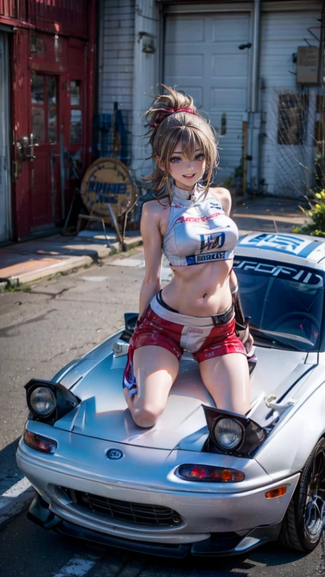One Woman Race Queen Posing for the camera in front of a sports car High leg Low - Angle Cute smile