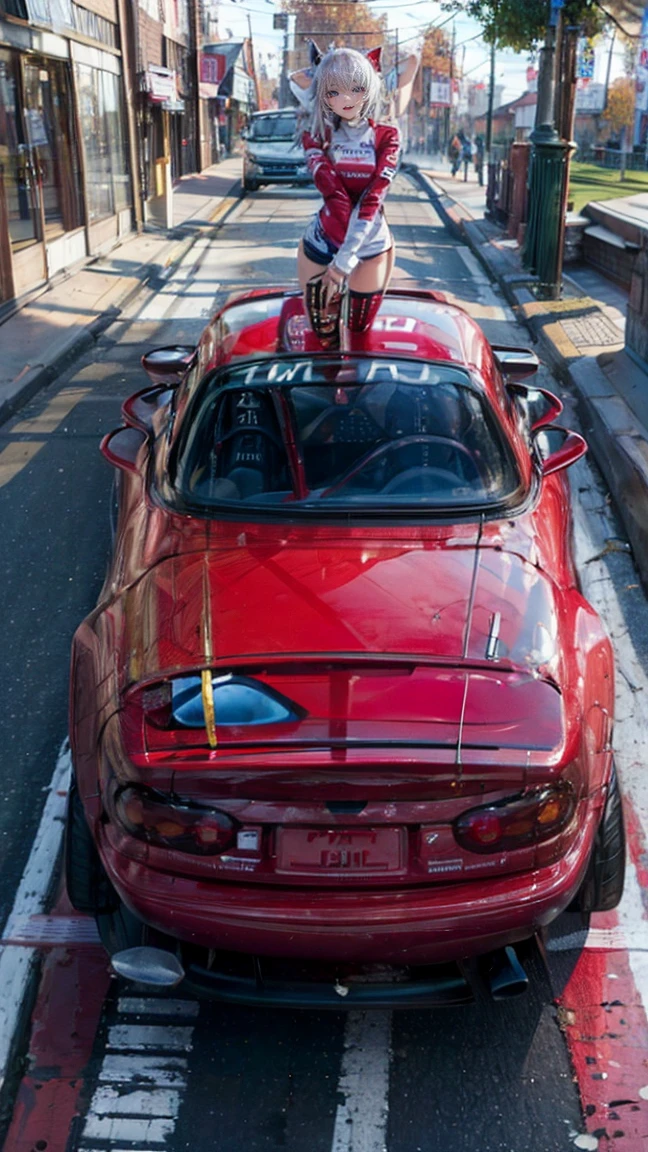 One Woman Race Queen Posing for the camera in front of a sports car High leg Low - Angle Cute smile