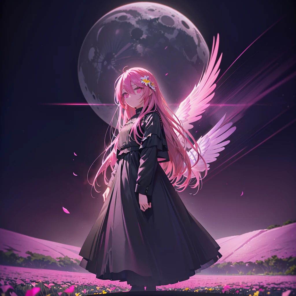 ((((Standing in a flower field))))　(((Long Hair　Pink Eyes　Pink Hair　Black Dress　Archangel)))　((night　満moon　Western style　Shining Aura　Face is close　Standing in a flower field　Close-up))　Broken glass　Big ribbon　moon　star　Catch the wind