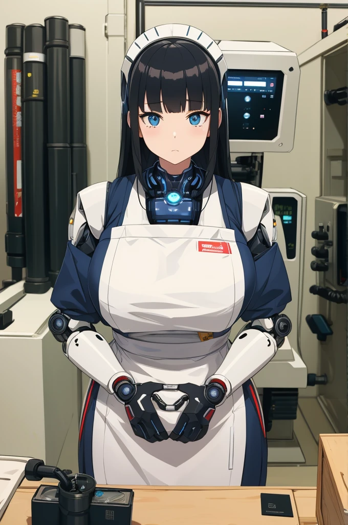 masterpiece, best quality, extremely detailed, Japaese android girl,Plump , hug,control panels,android,Droid,Mechanical Hand, Robot arms and legs, Black hair,Blunt bangs,perfect robot girl,long tube,thick cable connected her neck,apron,android,robot,humanoid,cyborg,japanese cyborg girl ,robot-assembly plant,She is assembled now,assembly scene,chest monitor,blue eyes