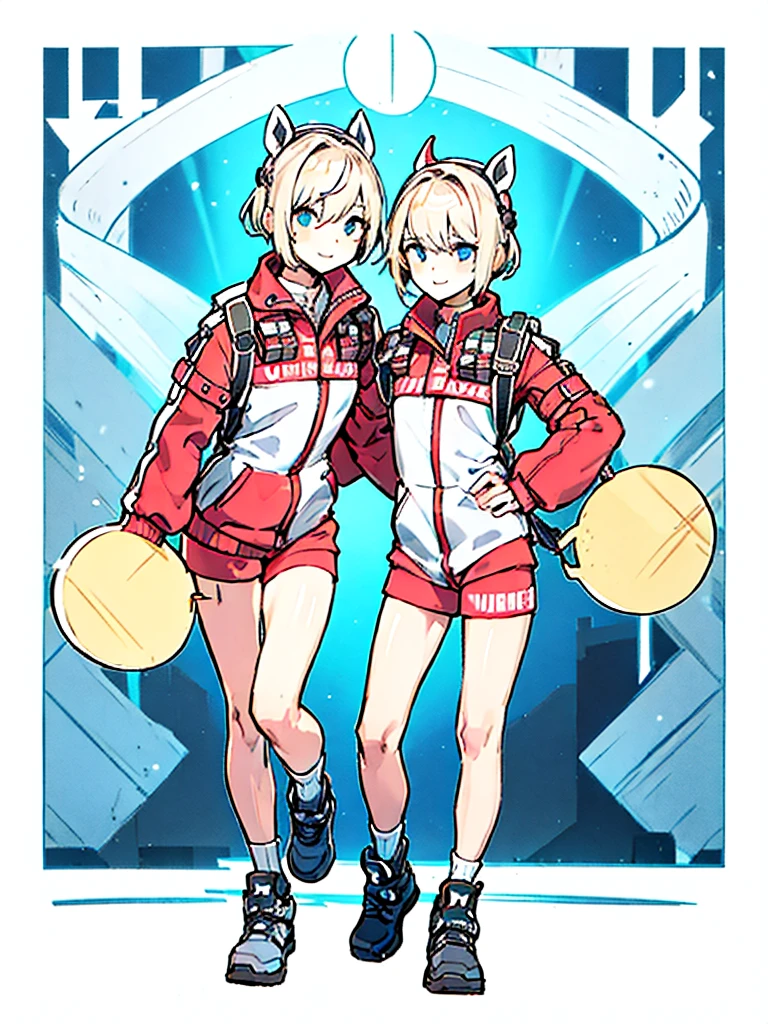 (((Full Body))) (((Male Twins))) ((Detailed)) They are male twins 12-year-old with blonde and short hair. One has an smile. Another one appears serious. Both are dressed in practical survival gear with a pragmatic touch. 