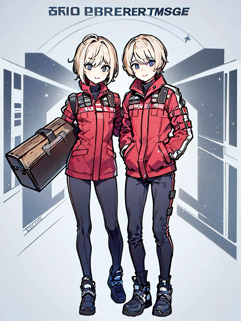 (((Full Body))) (((Male Twins))) ((Detailed)) They are male twins 12-year-old with blonde and short hair. One has an smile. Another one appears serious. Both are dressed in practical survival gear with a pragmatic touch. 