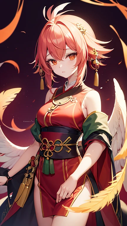 (1 woman), (((single))), Standing and painting the whole body., (single), clear face, (red crowned crane wings，เครื่องประดับผมfeather，feather), , Flashy clothes，flower decoration, traditional oriental art style，Beautiful drawing style，Eastern Monster Element，Characteristics，Innovative design，Fantasy Theme，Flashy clothes, simple line design, (( That style, Character design)), red and green western elements, The detailed art of Onmyoji, Standing and drawing characters, ((Plain colors)), Masterpiece，highest priority，best quality，Ultra high resolution