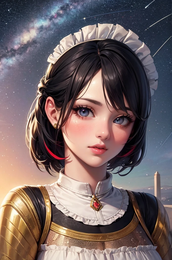 masterpiece, Highest quality, masterpiece, God-like quality, Godly art, Highly detailed face, whole body, Very realistic, cute, Young girl, Big eyes, Long eyelashes, Multicolored Hair, Variegated eyes, Shiny skin, Fuller lips, Big Lips, Shiny skin, Blushing, Nice views, In space, Starry sky background,  Dazzling Light, Versatile light, Maid clothes