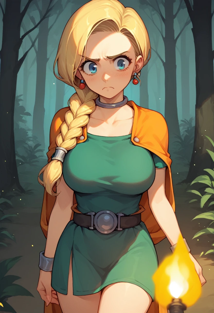 score_9, score_8_up, score_7_up, source_anime, thigh up, 1girl, frown, nervous, large breasts, dqBianca, single braid, hair over shoulder, earrings, choker, orange cape, green dress, belt, torch, dark forest, shadows