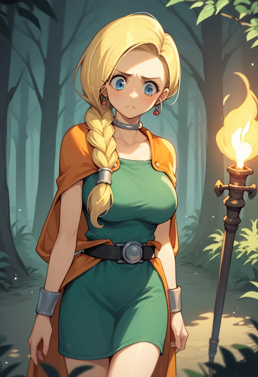 score_9, score_8_up, score_7_up, source_anime, thigh up, 1girl, frown, nervous, large breasts, dqBianca, single braid, hair over shoulder, earrings, choker, orange cape, green dress, belt, torch, dark forest, shadows