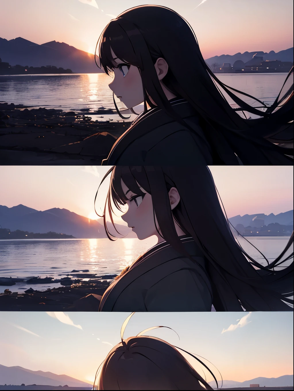 Highest quality, masterpiece, extremely detaileded, detaileded background, detaileded eyes, anime, One girl, Beautiful Eyes, Young girl, Long Hair Girl, Expressive Face, kimono, Retro, 富士山のWind景, Outdoor, sunset, Beautiful sky, Picnic on the lake, Wind景, scenery, horizon, Mountain Sitting near the mountain, Wind, petal, spring, avert your eyes, Atmospheric lighting, reflection, Naturalistic, detailed, realism. relaxation, beauty, Focus Only, close, From the side, Depth of written boundary, Bokeh,Monochrome