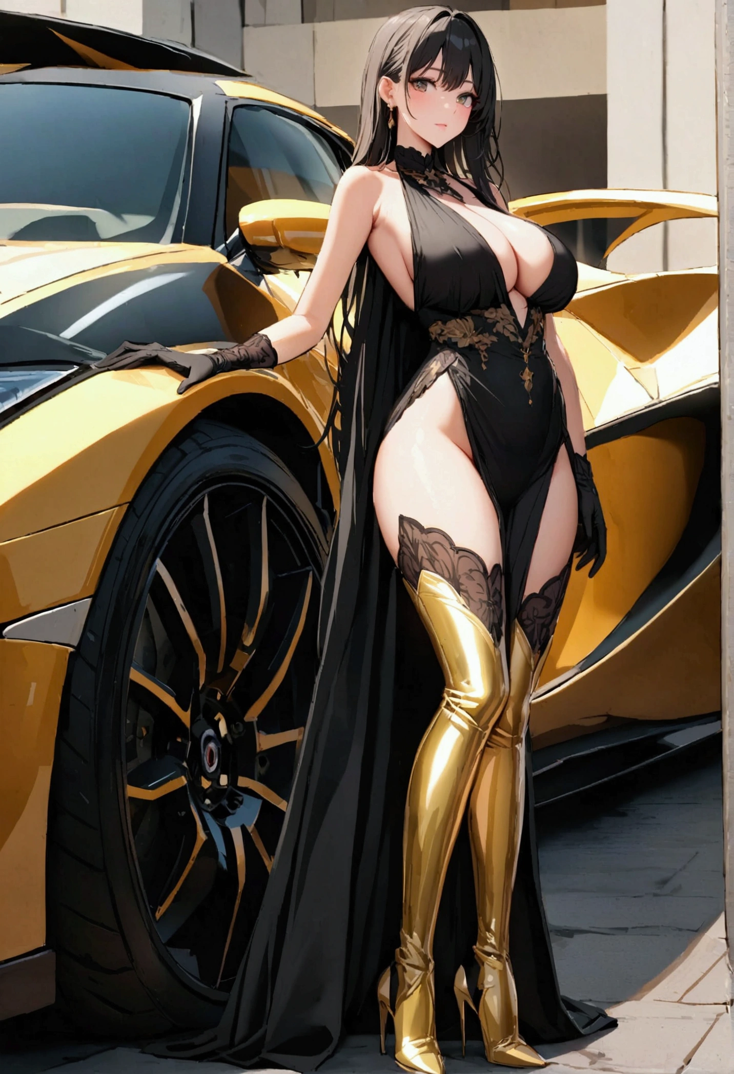 perfect and beautiful face, beautiful girl in black and golden pointed toe stiletto knee high boots, standing beside a supercar ,, leatgher gloves on, big breasts and buts