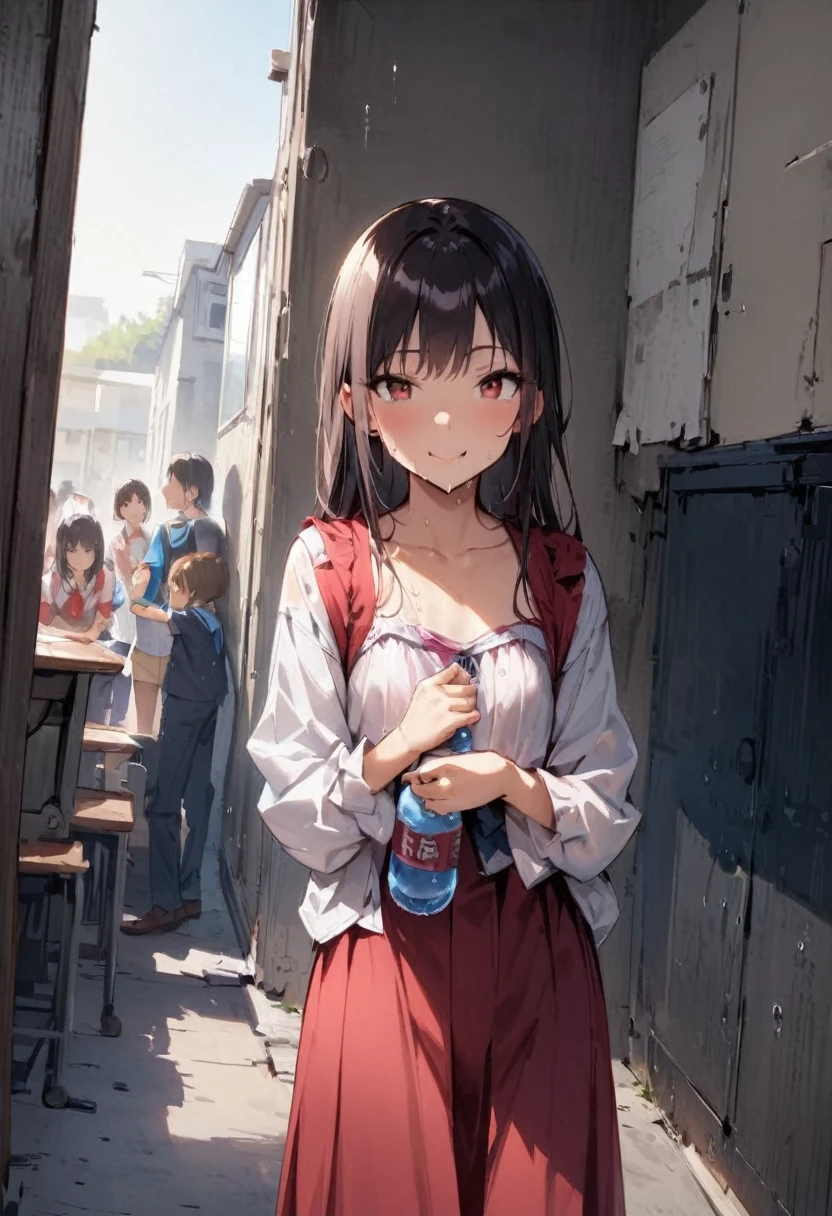 drink juice、closeup-face、Plastic bottleを持っている、Plastic bottleを手に取る、My clothes are wet with juice、Juice dripping from the mouth、PET bottles、from directly below、Stinking eyes、sideways glance、School、In the classroom、Girl、Girl、Short、Younger、Lower school year、Baby Face、flat chest、smile、Dynamic Angle、masterpiece、best quality、ultra-detail、Sweating heavily、The air conditioner is broken、Summer sunshine、Looks hot、The desks are lined up、corridor、window、There are several classmates behind me.、Clothing、Untidy appearance、Her chest is exposed、Fan、Heat
