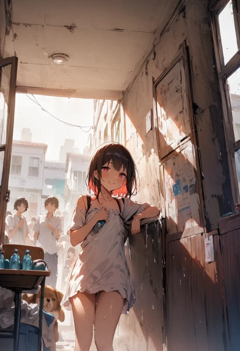 drink juice、closeup-face、Plastic bottleを持っている、Plastic bottleを手に取る、My clothes are wet with juice、Juice dripping from the mouth、PET bottles、from directly below、Stinking eyes、sideways glance、School、In the classroom、Girl、Girl、Short、Younger、Lower school year、Baby Face、flat chest、smile、Dynamic Angle、masterpiece、best quality、ultra-detail、Sweating heavily、The air conditioner is broken、Summer sunshine、Looks hot、The desks are lined up、corridor、window、There are several classmates behind me.、Clothing、Untidy appearance、Her chest is exposed、Fan、Heat

