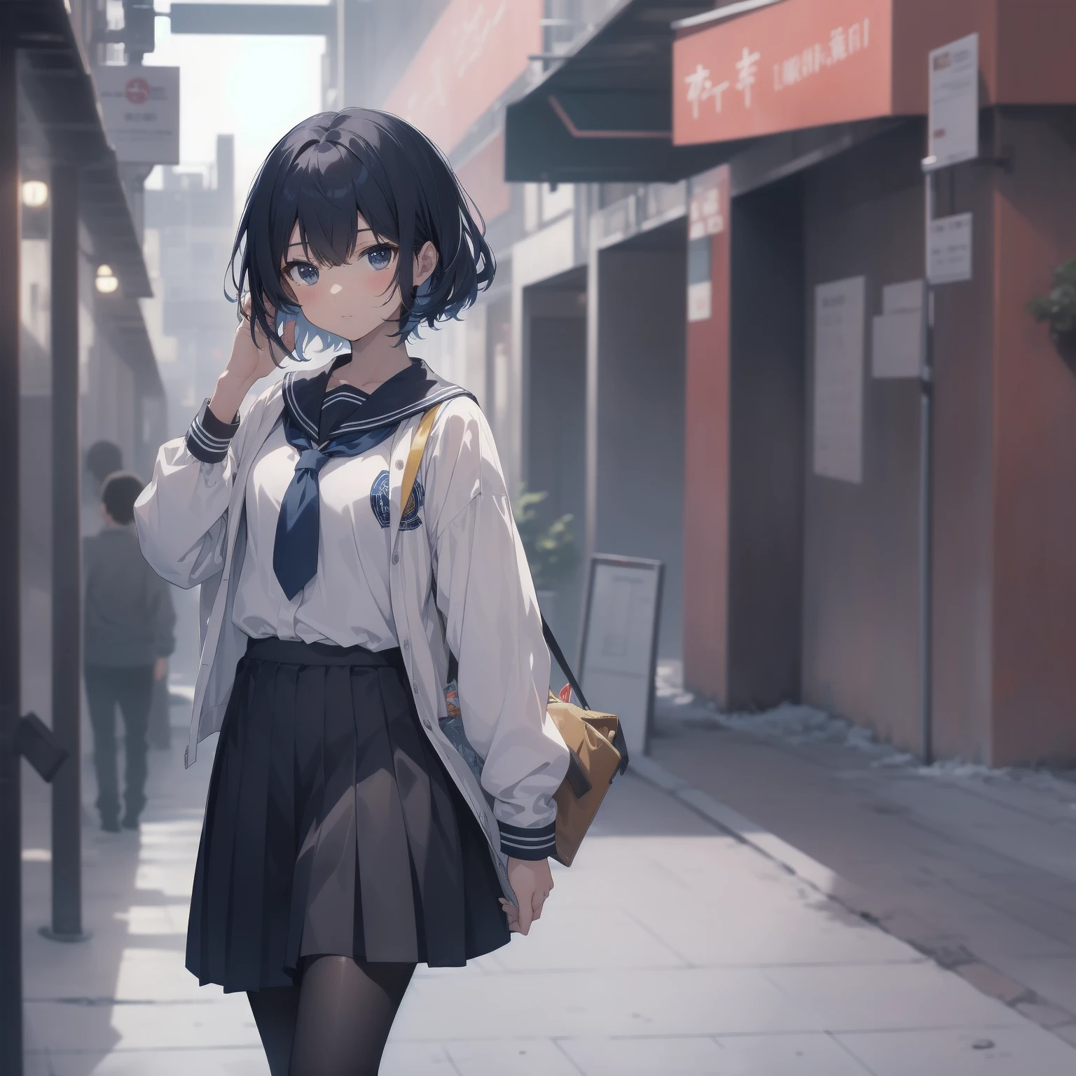 ultra-absurdres-Top quality by artist God, ultra-detailed, high resolution, anime moe artstyle, best anime 8k konachan wallpaper, pixiv contest winner, pool:2810, perfect anatomy,break, 1girl, (Please draw a girl walking sleepily to school alone. )break,(Solo,little female, 13-year-old:1.3),Full limbs, complete fingers,a junior high school student, (very short hair), short cut, flat chest, , small butt, small black eyes, beautiful detailed eyes, well-proportioned iris and pupils, expressive eyes, highres detailed hair, soft expression, salor school_uniform, sailor collar, serahuku, bow, pleated skirt,(Detailed Lighting), (Detailed background), in the School commute route. break,super detailed skin, Best cinematic lighting powered by famous artist, 8k,beauty illustration,photoshop_(medium),very aesthetic,break,((artist:miyo_(ranthath) )), artist:clamp ,artist:carnelian ,artist:kantoku ,