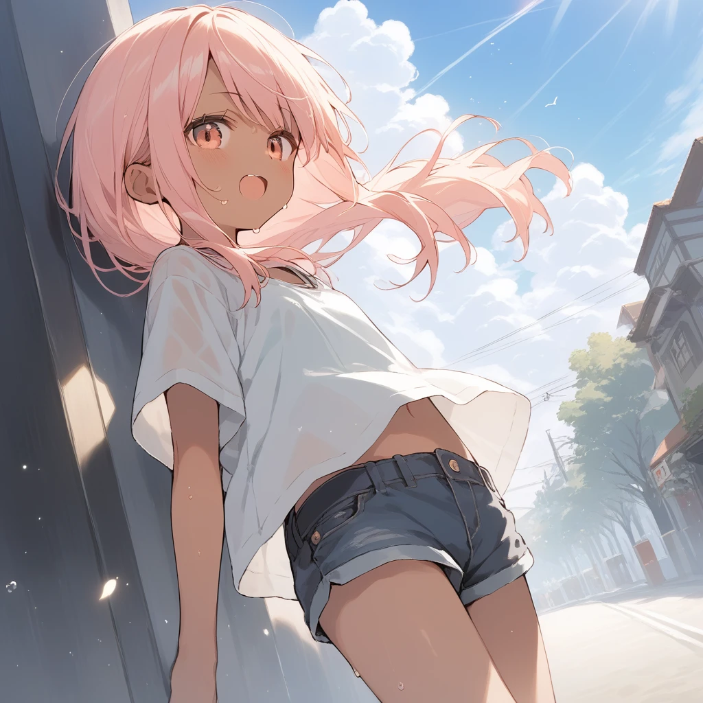 score_9, score_8_up, score_7_up, source_anime, best quality, masterpiece, official art, absurdres, highres, ultra-detailed,waifu2x,Collection: Slice of Life,break,1girl, tomboy, dark-skinned female, short hair, low ponytail, flat chest, beautiful detailed eyes, short shorts, sweat, open mouth, (yawn:0.3), sleepily, outdoors, wind,break,(clear line illustration:1.2), super detailed skin,very high resolution, very aesthetic, Best sexual lighting powered by famous artist, 8k,cute picture,beauty illustration,photoshop_(medium),,(Detailed Lighting),best anime 8k konachan wallpaper, pixiv contest winner, 