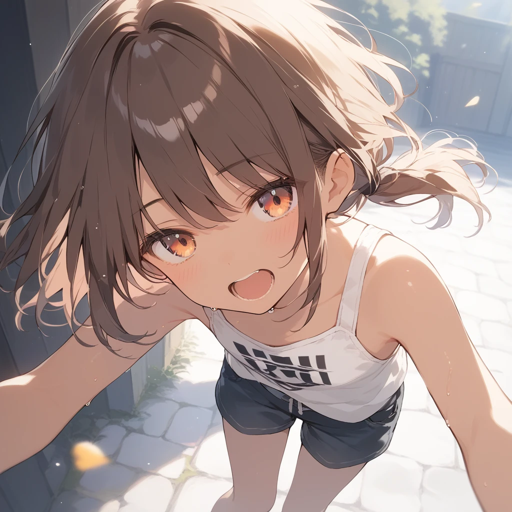 score_9, score_8_up, score_7_up, source_anime, best quality, masterpiece, official art, absurdres, highres, ultra-detailed,waifu2x,Collection: Slice of Life,break,1girl, tomboy, dark-skinned female, short hair, low ponytail, flat chest, beautiful detailed eyes, short shorts, sweat, open mouth, (yawn:0.3), sleepily, outdoors, wind,break,(clear line illustration:1.2), super detailed skin,very high resolution, very aesthetic, Best sexual lighting powered by famous artist, 8k,cute picture,beauty illustration,photoshop_(medium),,(Detailed Lighting),best anime 8k konachan wallpaper, pixiv contest winner, 