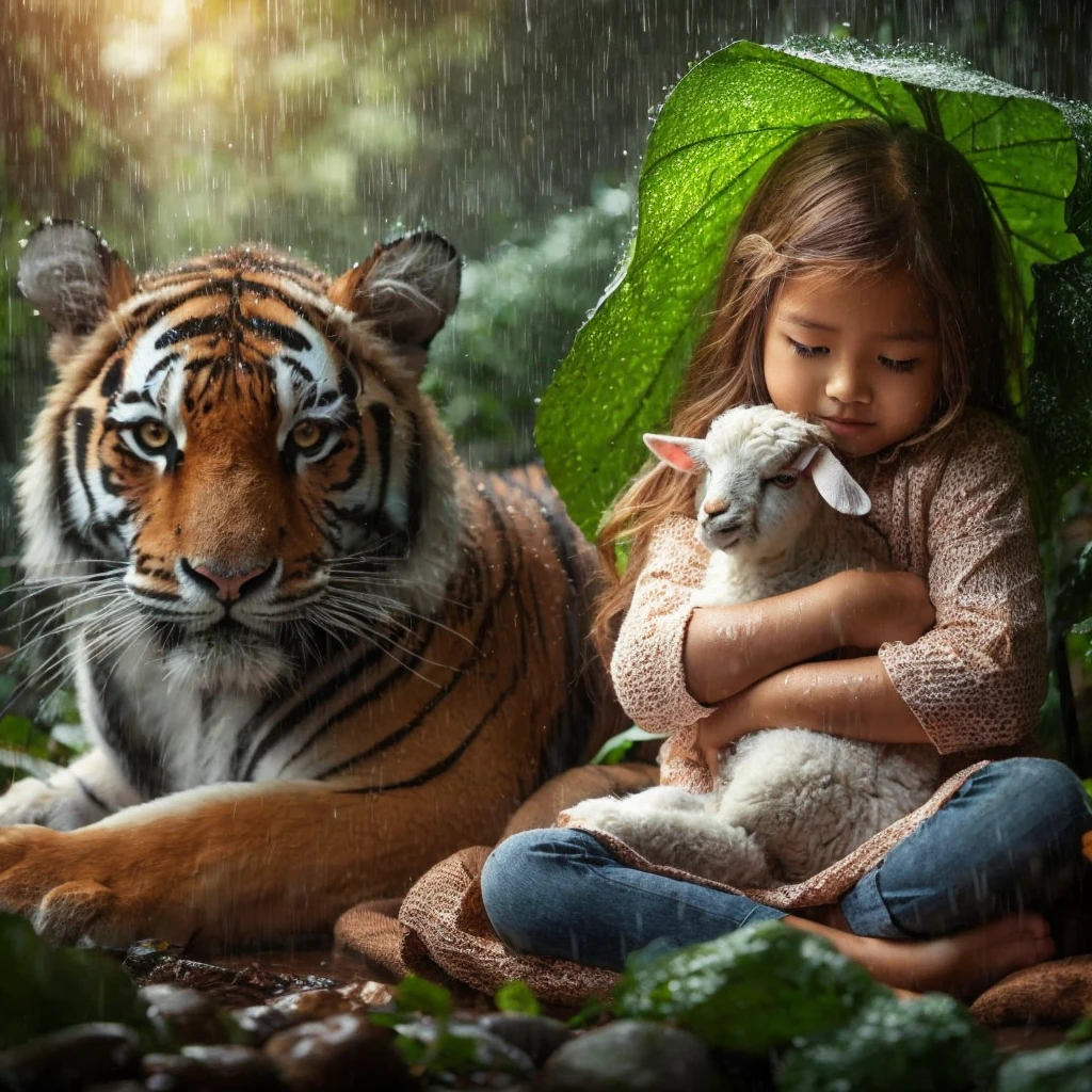 , Indonesian girl, rain, rain under the tree, tiger, sheep