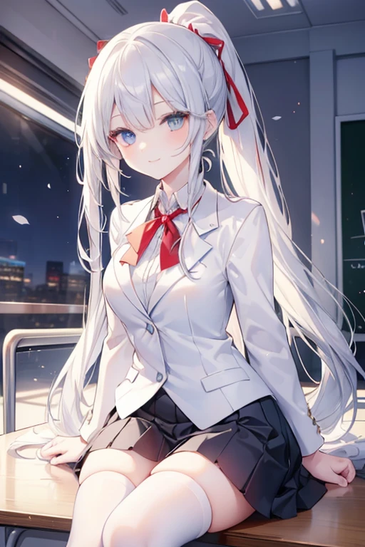 Long silver hair, blue eyes, beautiful and detailed eyes, hair slightly in a ponytail on the right side with a red ribbon, white shirt, polka dot blazer, black skirt, white stockings, sweet smile,(in the classroom)